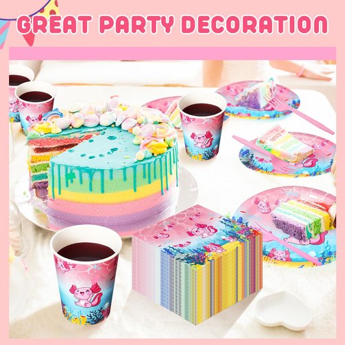 Yiyiring 180 Pcs Pink Cartoon Axolotl Plates Napkins Cups Forks Party Supplies Pink Reptile Animals Disposable Tableware Set Axolotl Birthday Decorations for Girls Animal Cartoon Party Serves 30