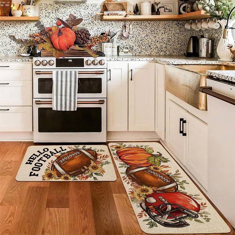 Baccessor Fall Rugby Pumpkins Kitchen Mats Set of 2,Autumn Football Pumpkins Helmet Low-Profile Non Slip Absorbent Kitchen Mat Rugs for Floor Farmhouse Thanksgiving Home Decor 17x29 and 17x47 Inch