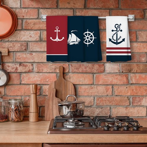Liosei Nautical Hand Kitchen Towels, Boat Accessories,Nautical Bathroom Decor, Navy Blue Coastal Sailboat Dishtowels, Anchor Dish Towels Decoration 16 x 24 Inch Set of 4