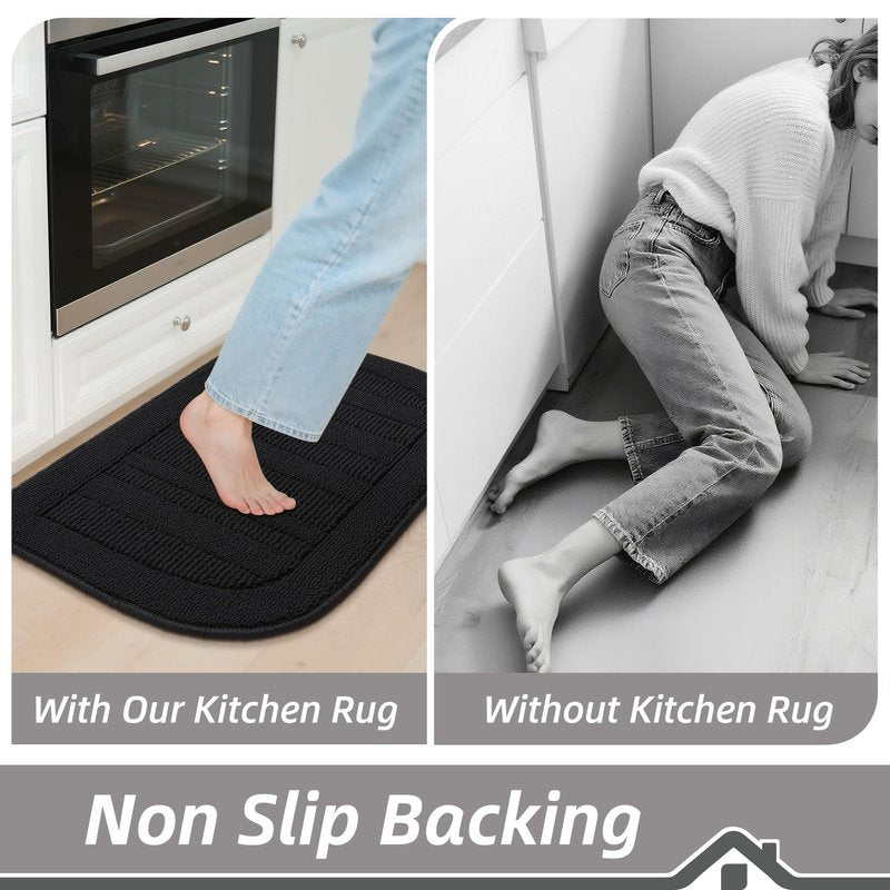BEQHAUSE 24x36 Inch Kitchen Rug Mat Durable Kitchen Rugs Non-Slip Washable Absorbent Kitchen Mats for Floor Dirt-Resistant Semicircular Kitchen Mat (Black)