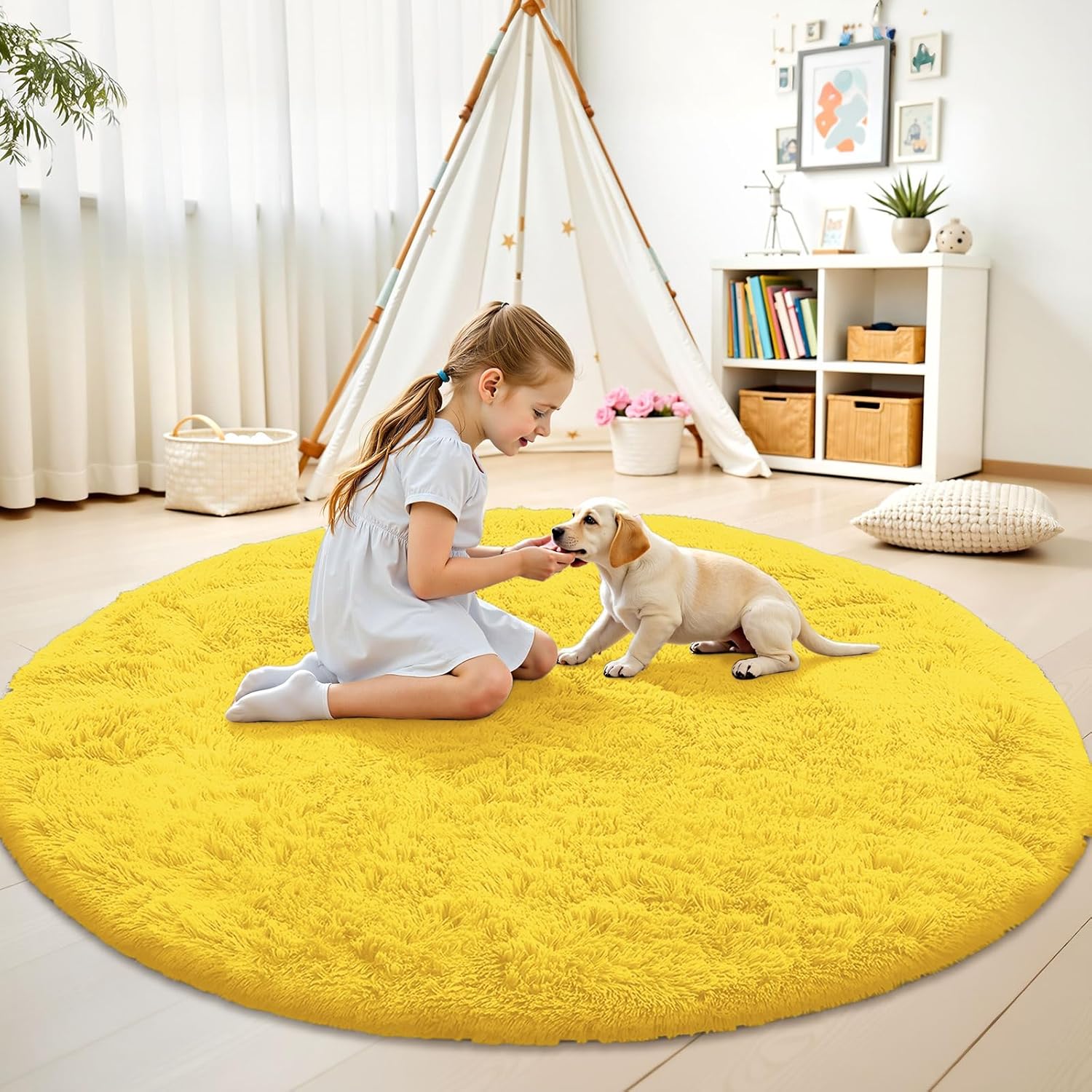 OLANLY Yellow Round Area Rug - Soft, Fluffy, Machine Washable 9 ft Circle Carpet for Bedroom & Living Room Decor