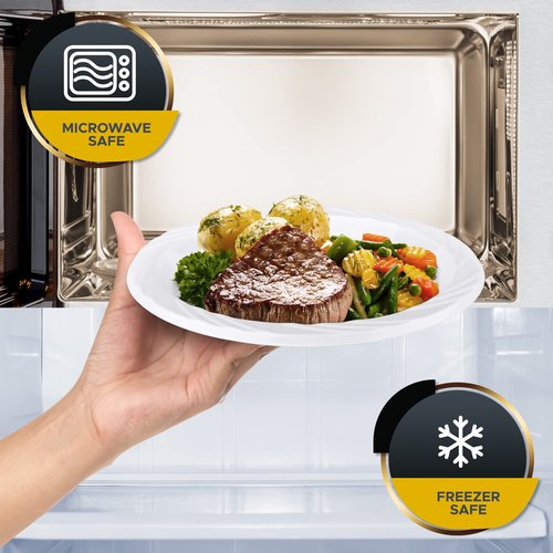 PAMI Heavy-Duty Disposable Plastic Dinnerware for Parties, Elegant Design, Microwave & Freezer Safe (9 Inch Plates 100 White)