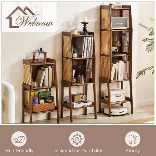 Welnow Bamboo Rattan Bookcase with Cabinet, 1-Tier Storage Shelf with Side Table & End Table Function, Large Modern Wood Organizer for Living Room or Bedroom, Walnut Bookshelf