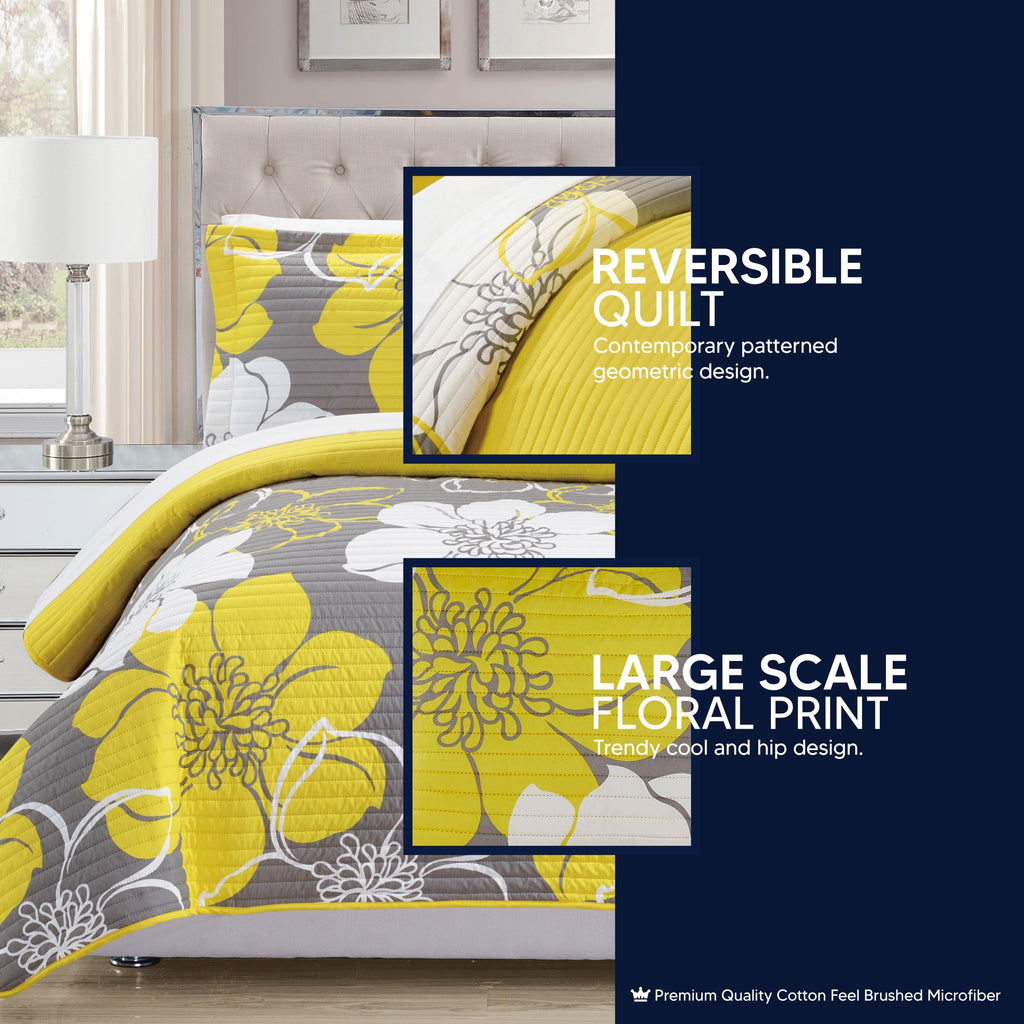 Chic Home - QS1768-AN 3 Piece Woodside Abstract Large Scale Floral Printed with 2 Shams Quilt Set, Queen, Yellow