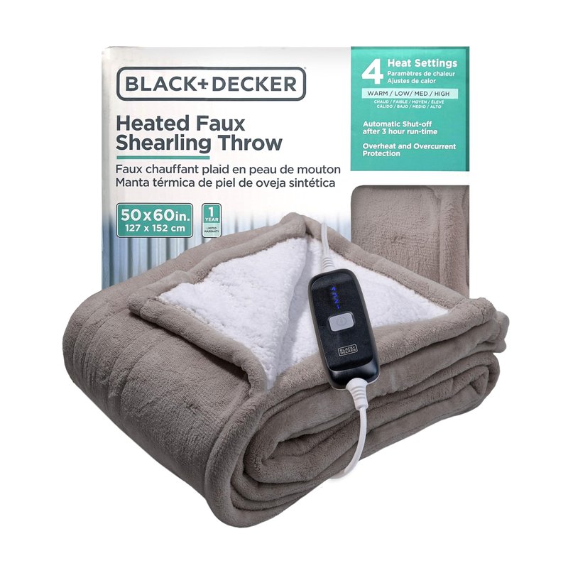 BLACK+DECKER Heated Blanket Electric Throw, Faux Shearling Electric Blanket, Heating Blanket with 4 Heating Levels, 3H Timer, Auto Shutoff, Fast Heating (50x60 inches, Grey)