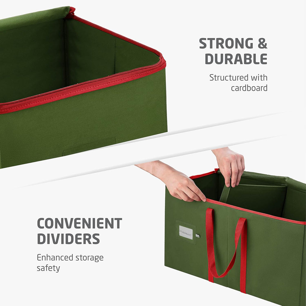 ZOBER Large Christmas Ornament Storage Box - Holds 54 4" Ornaments with Dividers - Durable Green Organizer