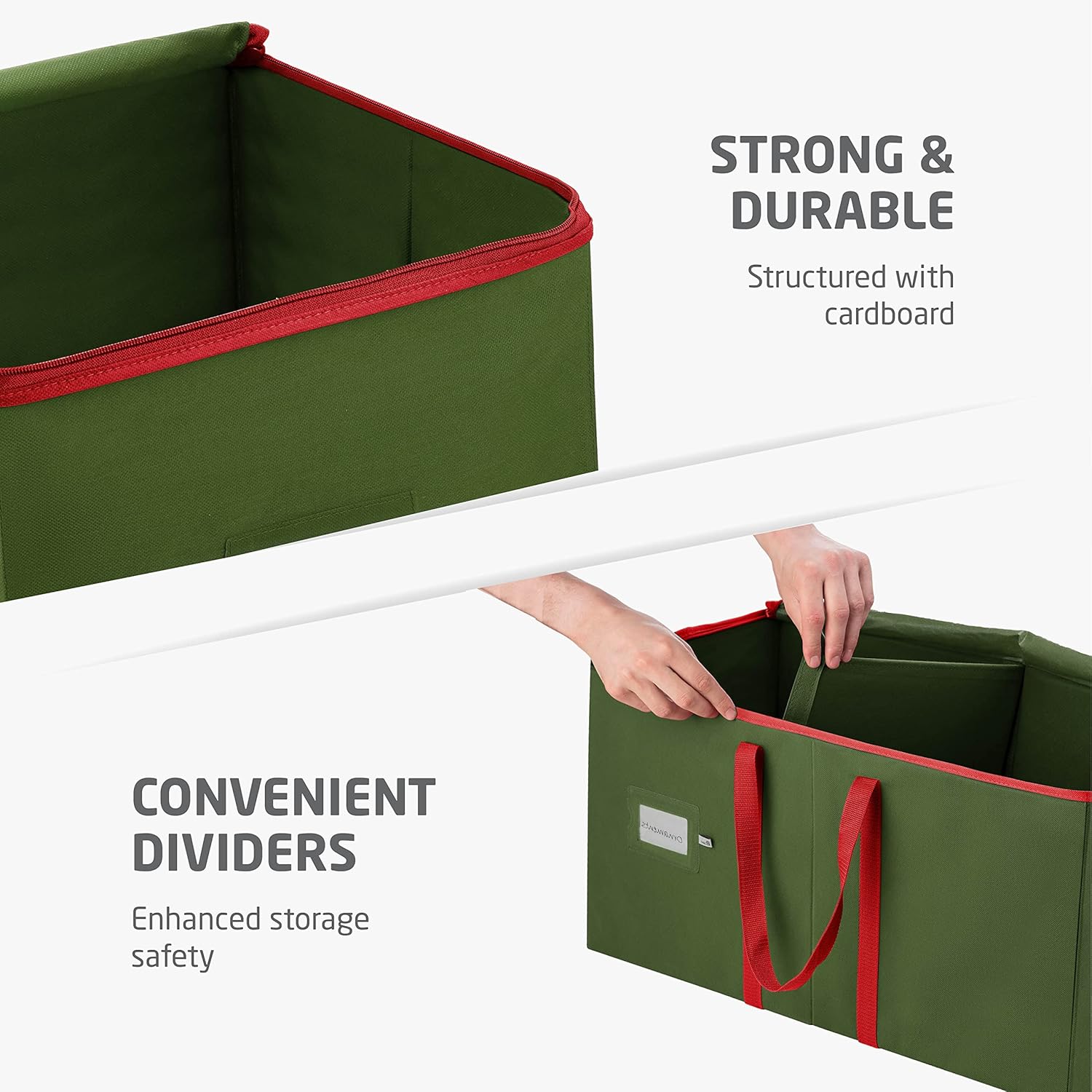 ZOBER Large Christmas Ornament Storage Box - Holds 54 4" Ornaments with Dividers - Durable Green Organizer