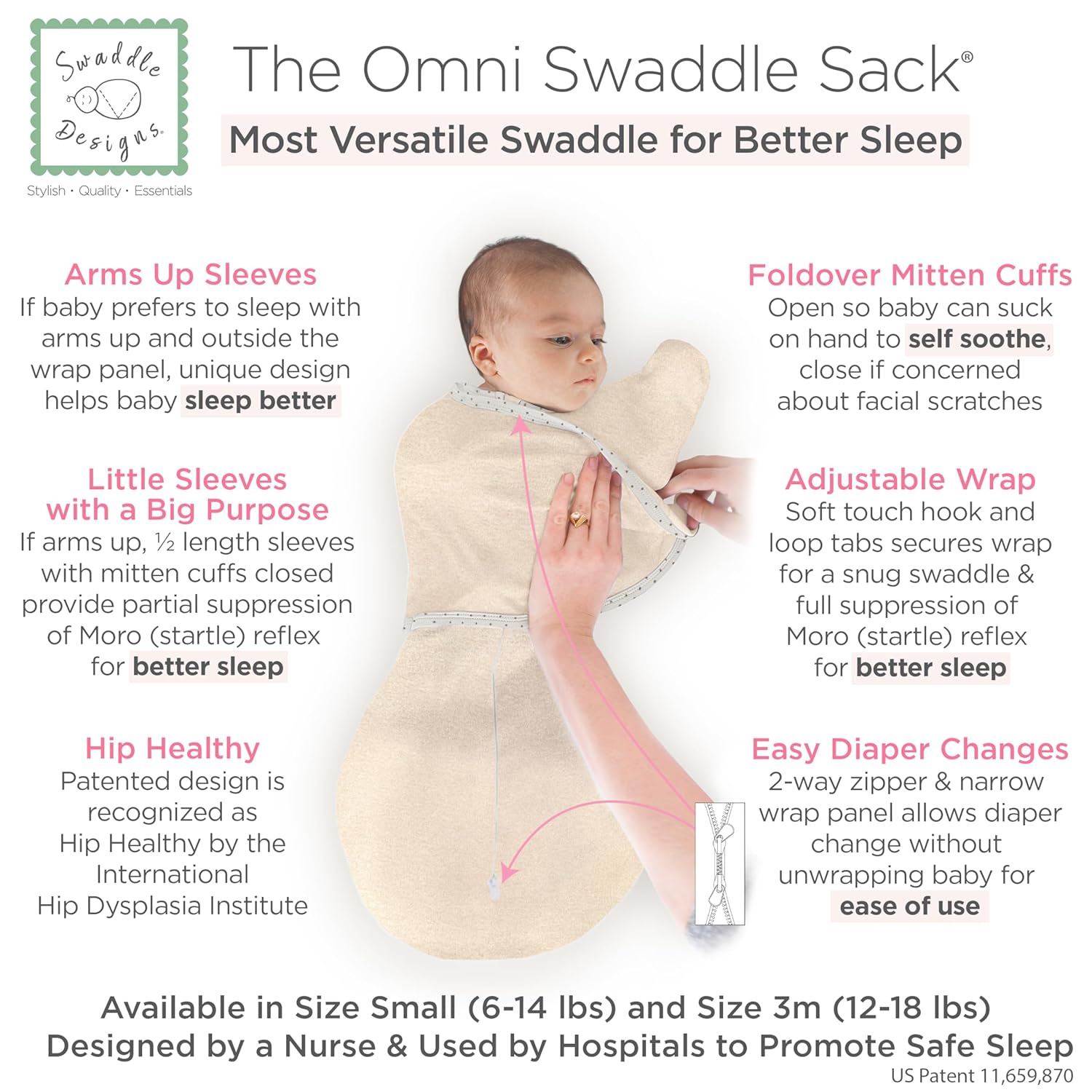 SwaddleDesigns 6-Way Omni Swaddle Sack - Arms Up Design for Newborns | Calms Startle Reflex, Improves Sleep, Small (0-3 Months), Oatmeal