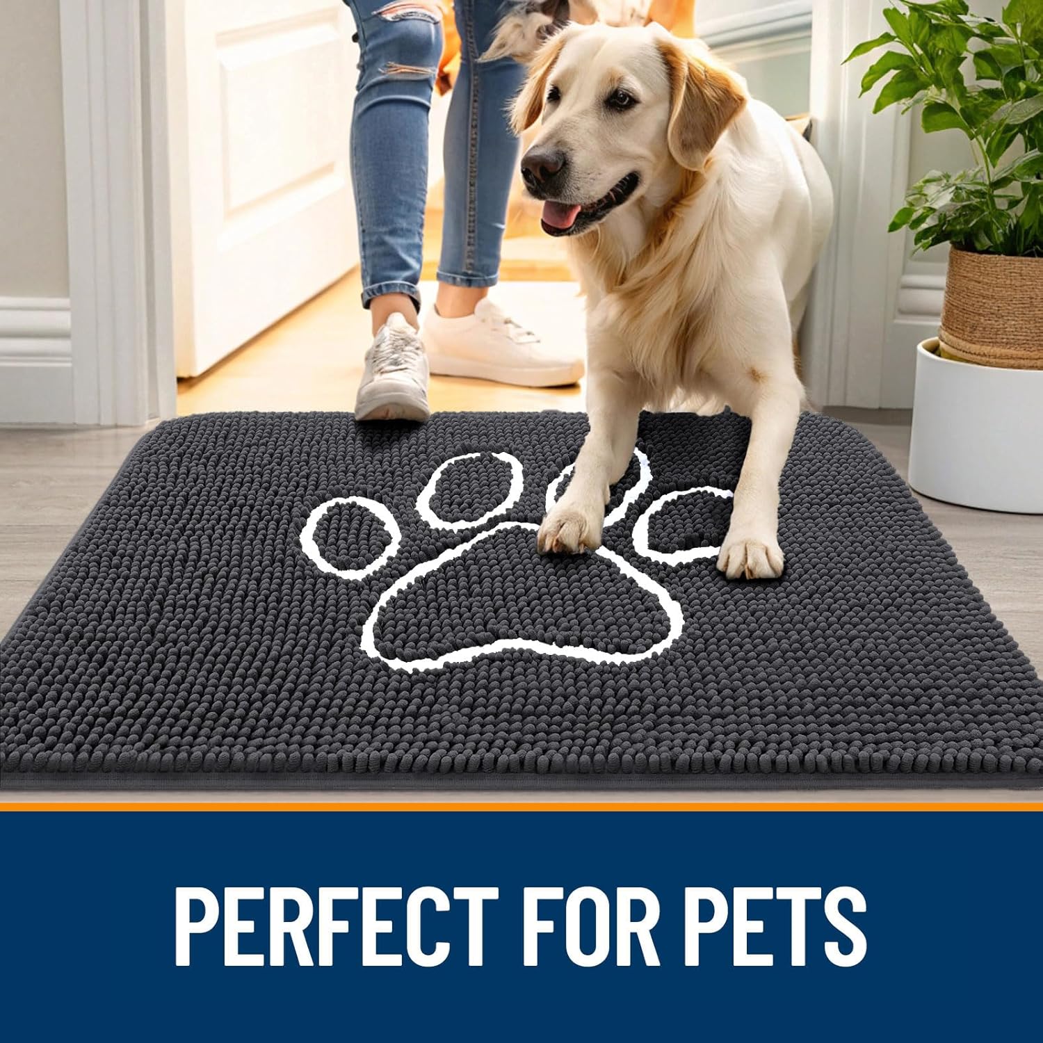 OLANLY Dog Door Mat - Absorbent Non-Slip Mud Mat for Muddy Paws | 59x24 Dark Grey Chenille Design