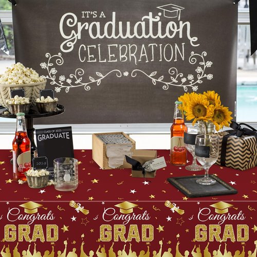 3-Piece 54 x 108 Inch Graduation Plastic Tablecloth - Congrats Grad Design Disposable Rectangle Table Cover for College High School Class of 2025 Graduation Party Supplies Indoor Outdoor (Maroon)