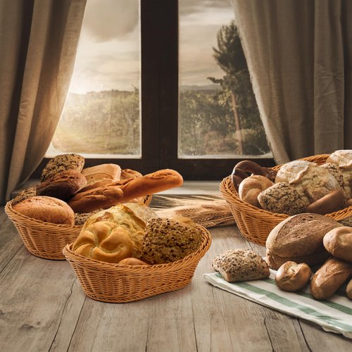 Yarlung 3 Pack Small Woven Breads Baskets, Oval Fruit Baskets Stackable Plastic Wicker Basket for Serving Vegetables, Kitchen, Restaurant, Outdoor, Imitation Rattan Brown, 3 Sizes