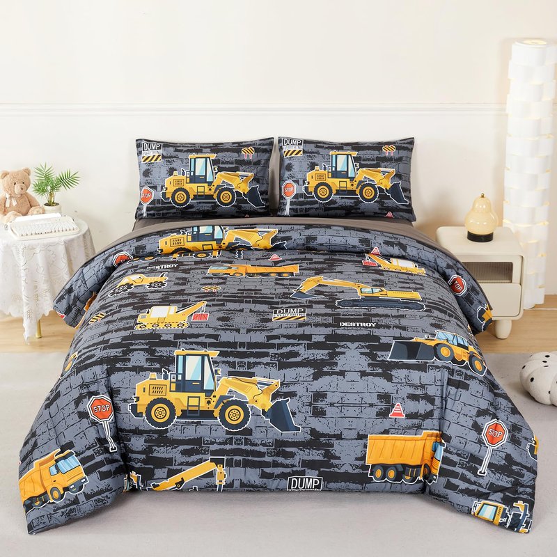 ZSYAYAHA 5 Pieces Kids Comforter Sets for Boys Queen Size Cartoon Cars Bedding Set Excavator Tractor Truck Vehicle Bed in A Bag Reversible Truck Boys Bed Set with Comforter(Gray Cars, Queen)