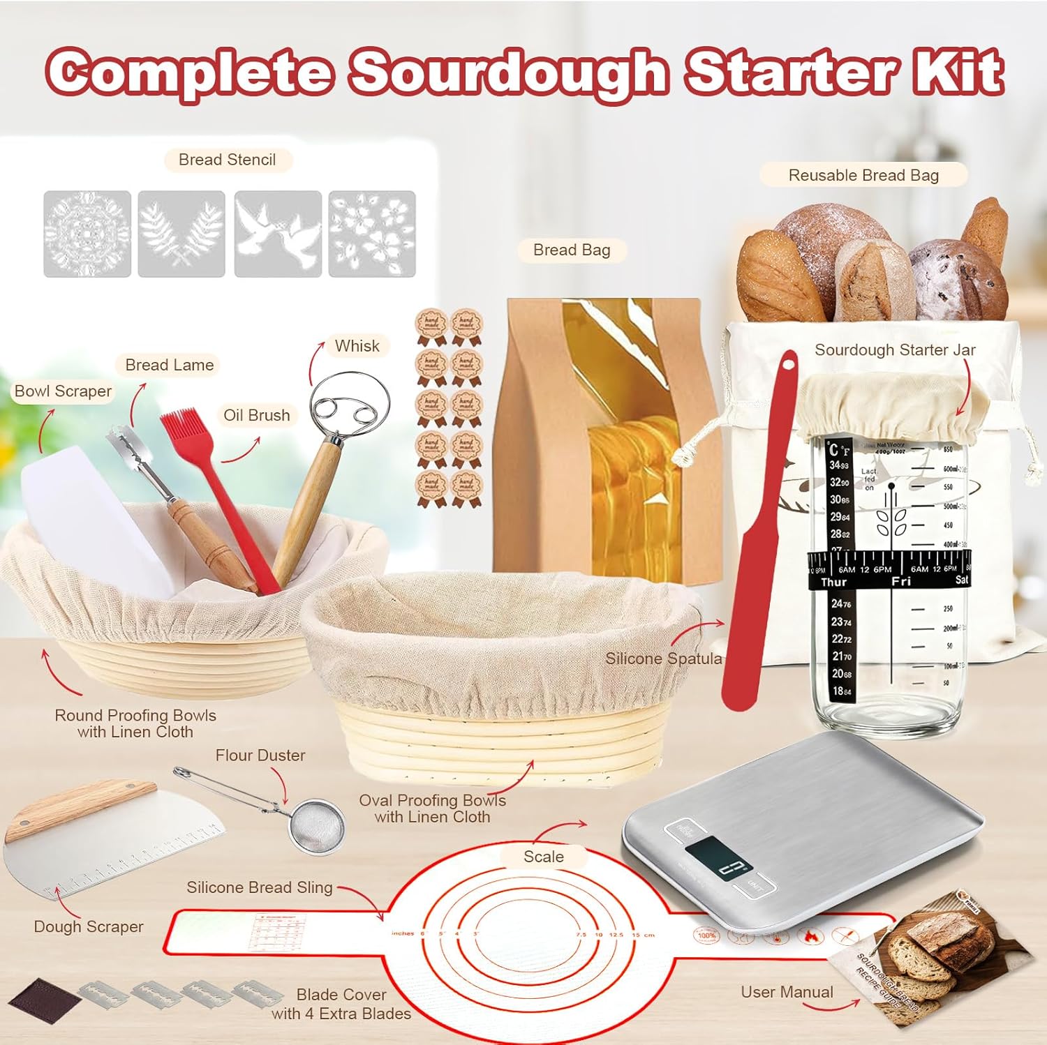 Skiennix Sourdough Starter Kit - Complete Baking Supplies with Scale, Glass Jar & Proofing Basket