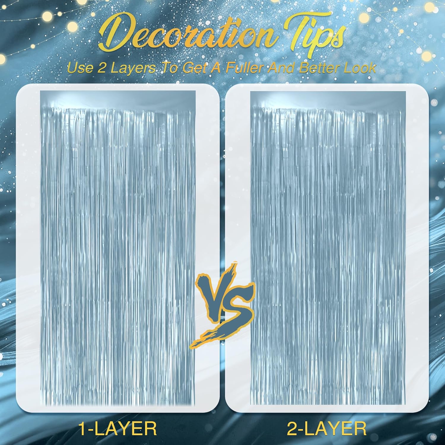 Skiennix Metallic Light Blue Fringe Backdrop - 3.2x8.2ft Shining Foil Tinsel Curtains for Parties & Events