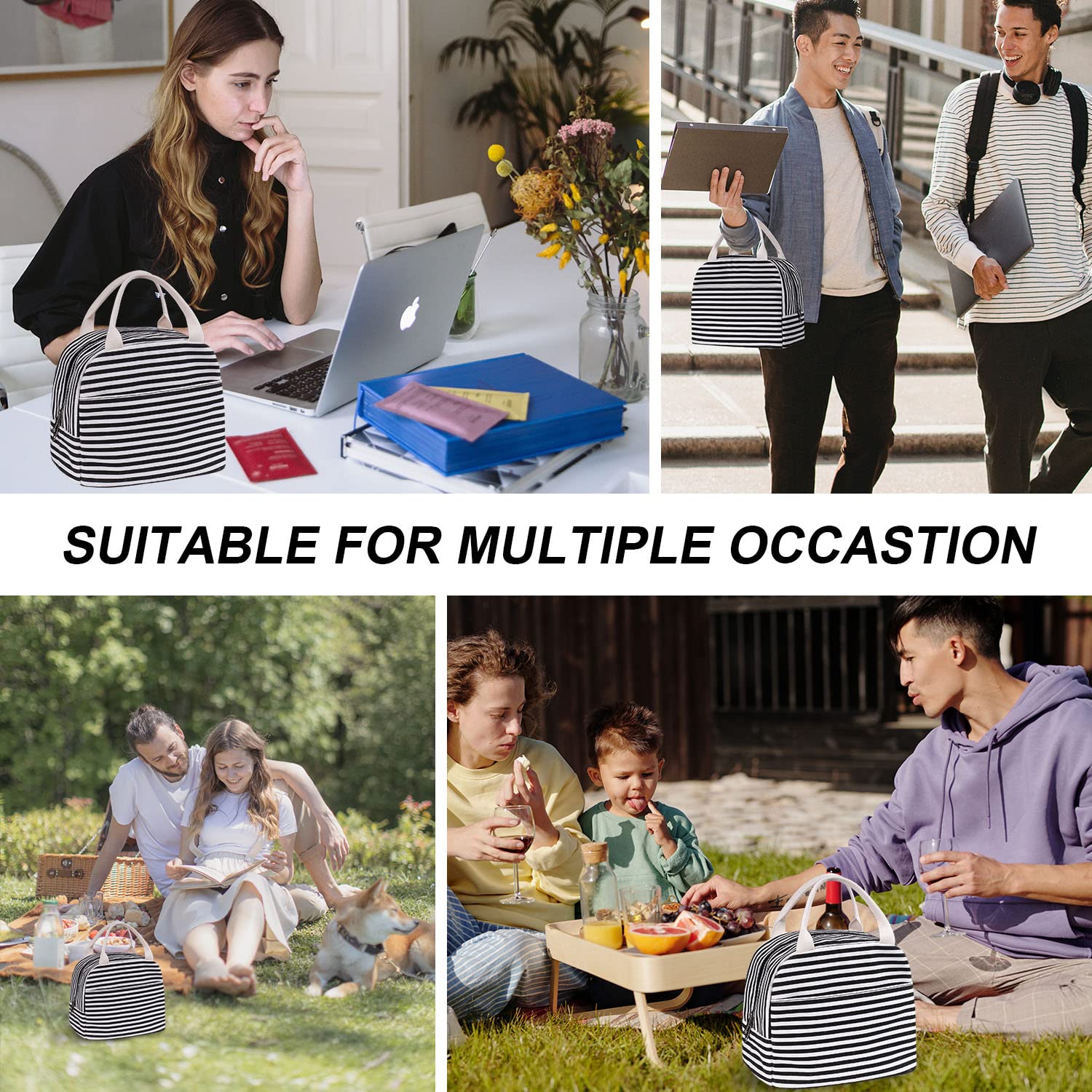 EurCross Canvas Lunch Tote Bag for Women for Work with Black and White Stripes, Reusable Insulated Meal Prep Preppy Lunch Box Bag for Daily Use, Cute Lunch Cooler Bento Boxes Bags