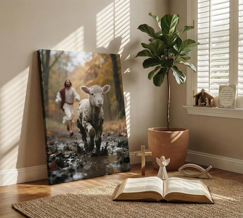 Jesus Canvas Wall Art - Good Shepherd Running After Lost Lamb | Christian Decor for Home & Church