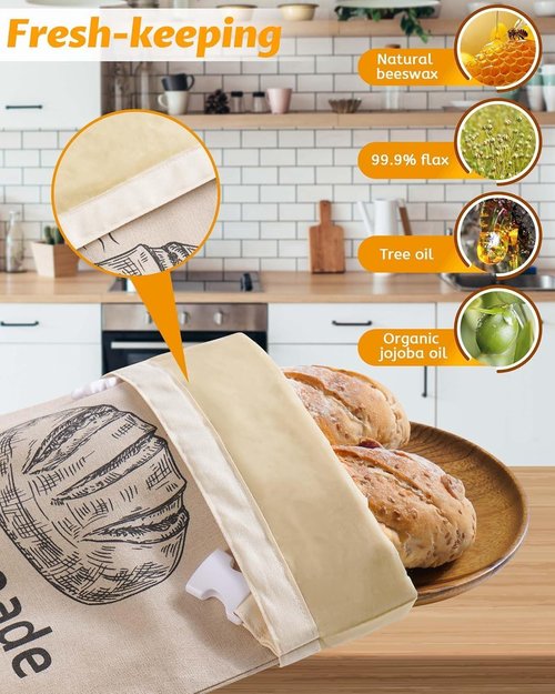 Beeswax Bread Bags by [Brand Name] - Reusable Organic Linen for Sourdough | 17 x 12.6 Inches - Freshness Preservation
