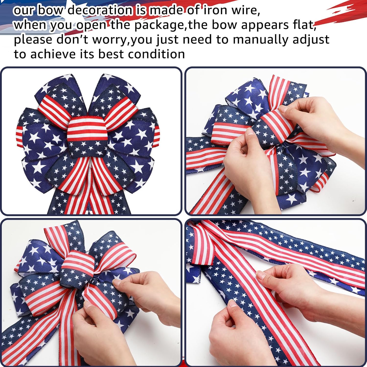 Riceshoot Patriotic Bows - 4th of July USA Red, White & Blue Star Burlap Tree Topper | 2 Pcs for Indoor/Outdoor Decor