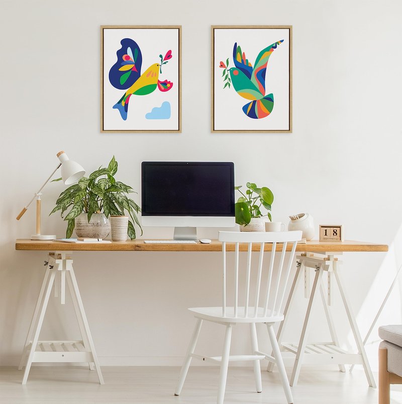 Kate and Laurel Sylvie Peace Dove Framed Canvas Wall Art by Rachel Lee of My Dream Wall; 18x24 Natural; Modern Colorful Geometric Animal Bird Art for Wall