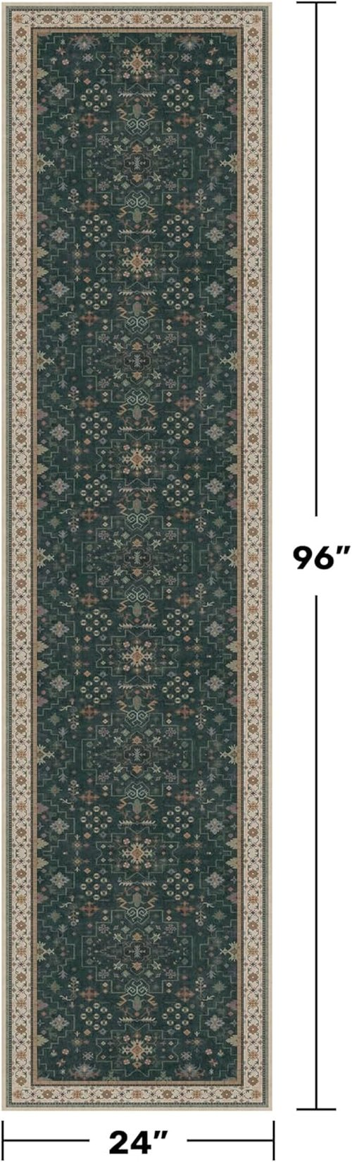 Hazo Haus Dark Green 2x8 Non-Slip Kitchen Runner Rug - Modern Vintage Boho Floral Design, Washable 8ft Long