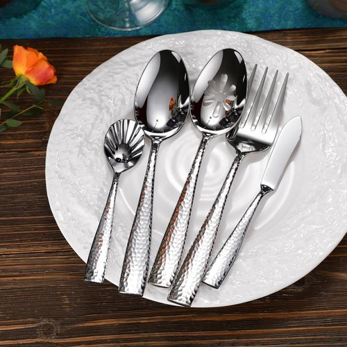 KEAWELL Premium Louis Hammered Serving Utensils, 18/10 Stainless Steel, Squared Edge Design, Mirror Finish, Dishwasher Safe (Hostess Serving Utensil Set)