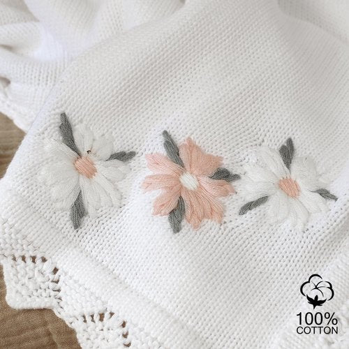 LAWKUL Baby Blanket 100% Traceable Cotton Knit Receiving Blankets Soft Swaddle for Newbron Boy Girls 40"x30" White Floral