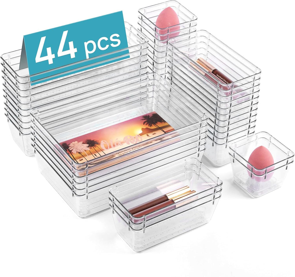 Vtopmart 44 PCS Clear Plastic Drawer Organizers - Versatile Non-Slip Storage Trays for Bathroom, Vanity & Office