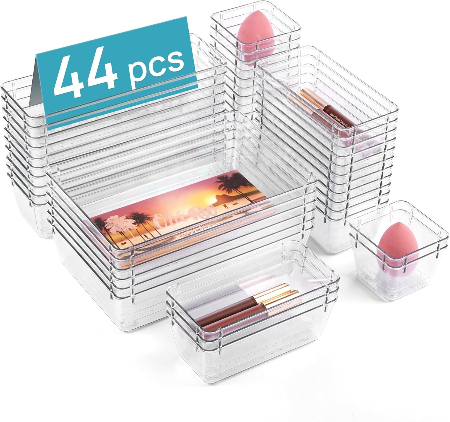 Vtopmart 44 PCS Clear Plastic Drawer Organizers - Versatile Non-Slip Storage Trays for Bathroom, Vanity & Office