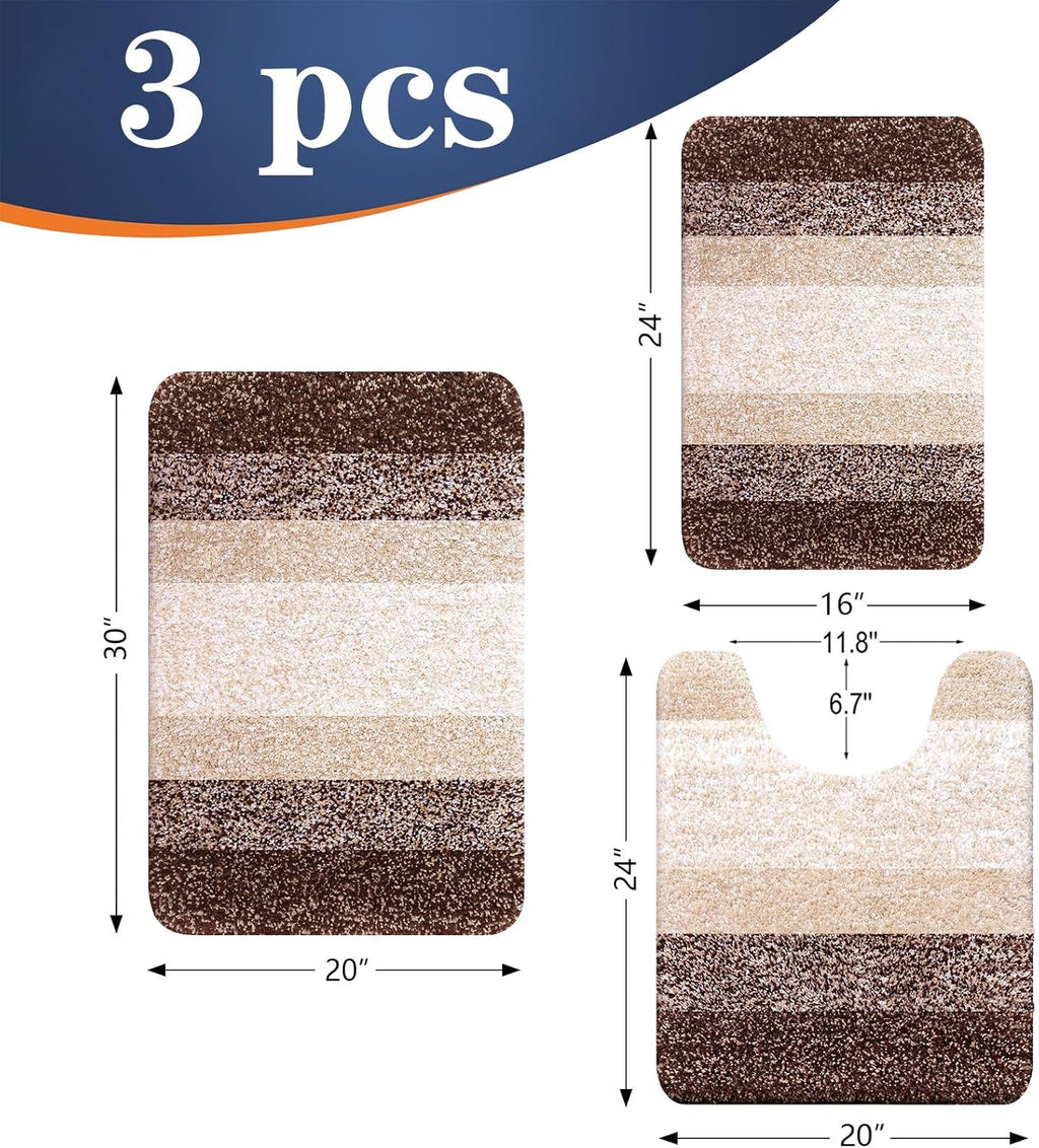 OLANLY Bathroom Rugs Set - Soft Absorbent Microfiber Mats with U-Shaped Contour Rug | 3-Piece Brown Set (30"x20", 24"x16", 24"x20")