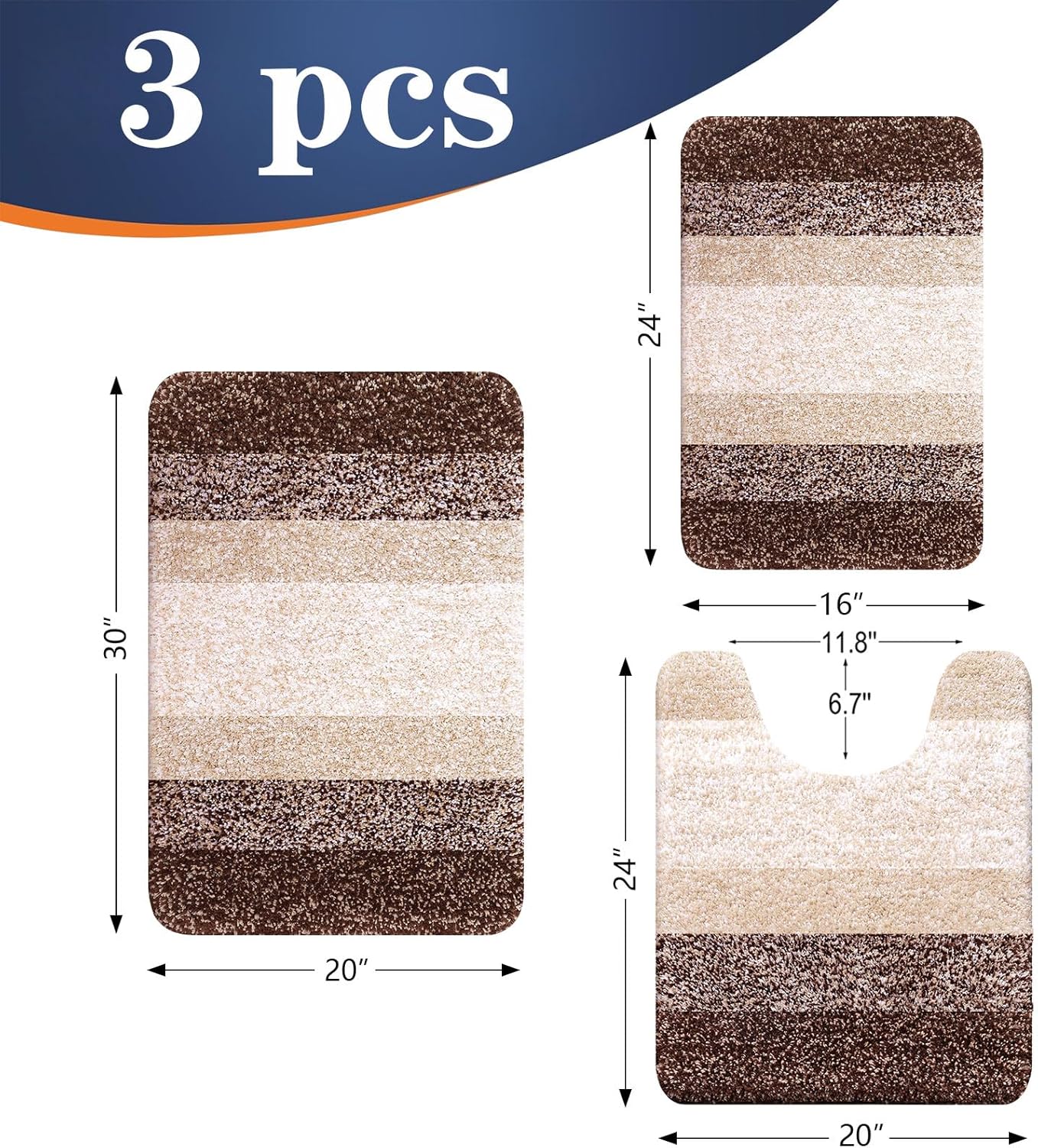 OLANLY Bathroom Rugs Set - Soft Absorbent Microfiber Mats with U-Shaped Contour Rug | 3-Piece Brown Set (30"x20", 24"x16", 24"x20")
