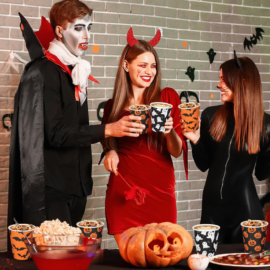 Whaline 120Pcs Halloween Paper Cups Pumpkin Ghost Bats Disposable Cups 3 Designs Black Orange Party Cups for Cold Hot Drink Table Decor Supplies, 9 Oz