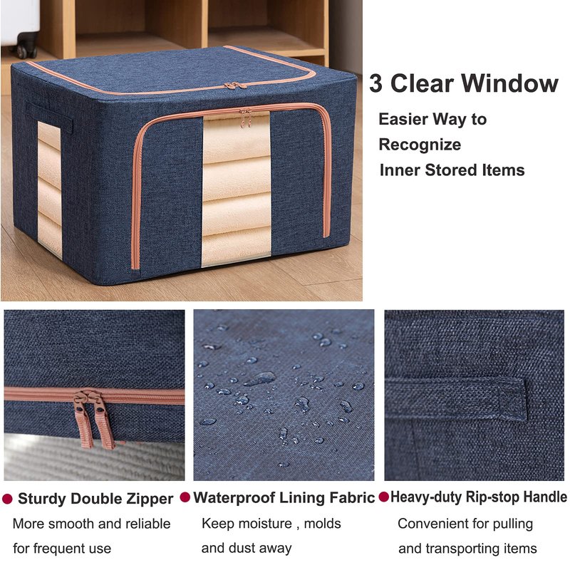 100L Large Storage Bags,Stackable Clothes Storage Bins with Hold Shape Metal Frame,Foldable Closet Organizer Containers with Zipper,Clear Window,Thick Fabric for Seasonal Clothing (Gray, 4 Pack)