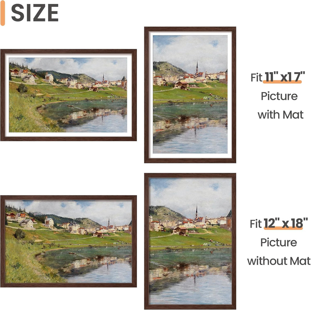 Upsimples 12x18 Picture Frame - Versatile Wall Hanging for 11x17 or 12x18 Photos, Brown Finish, 1 Pack