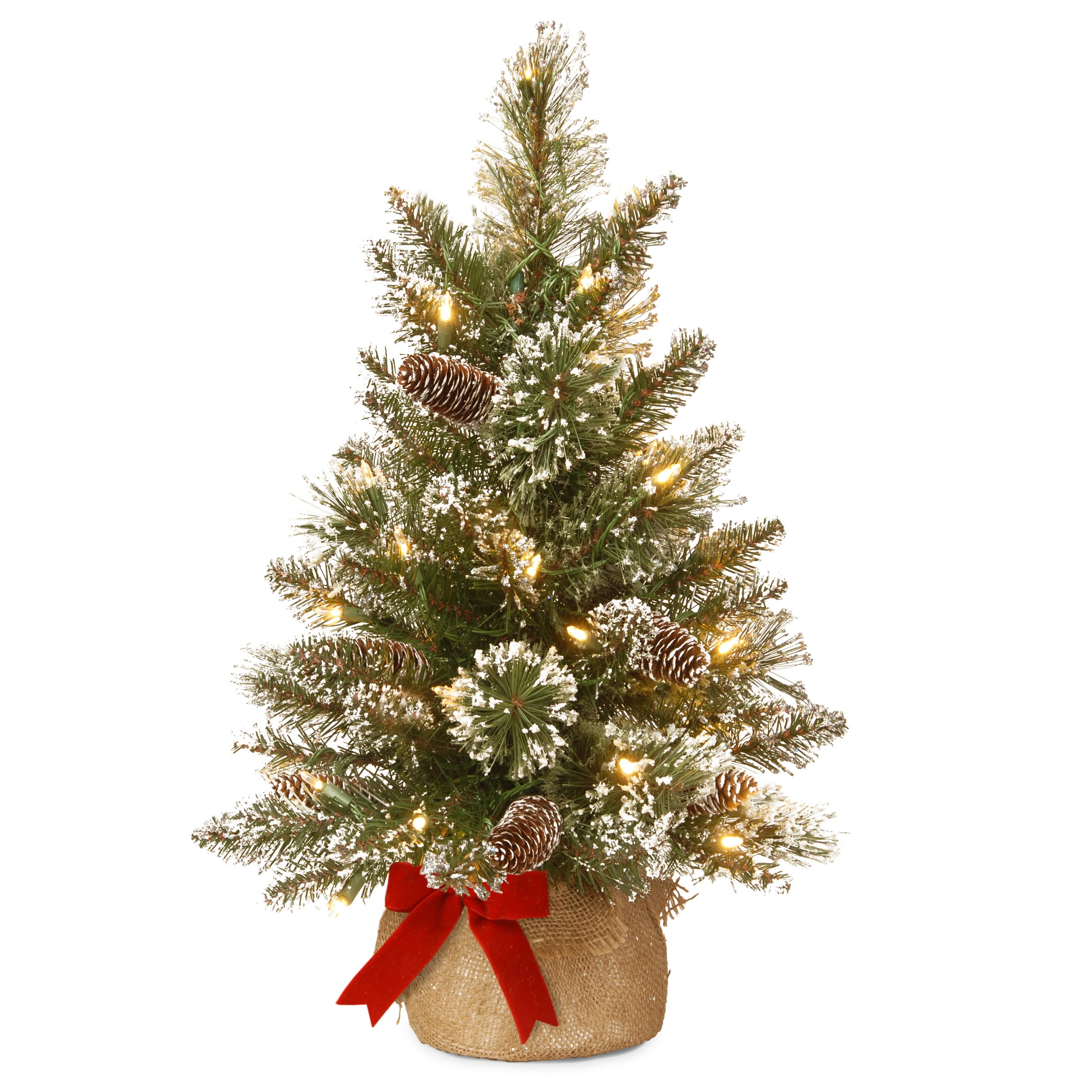 National Tree Company 2 ft Pre-Lit Glittery Bristle Mini Artificial Christmas Tree, 15 Warm White LED Lights, Pinecones, Timer, Burlap Base, Green