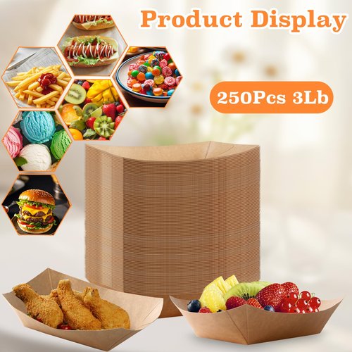 Xvvirnt 3lb Paper Food Trays, 250 Pcs Disposable Paper Food Boats, Disposable Nacho Trays, Kraft Serving Boats, Party Serving Tray for Nachos, Snacks, Chips, Hot Dogs, Popcorn, Party, Picnic, Wedding