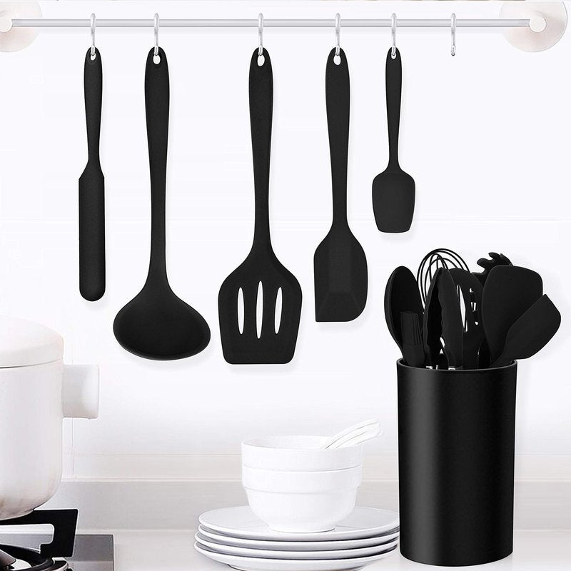 LIANYU 14 Pcs Silicone Kitchen Utensils Set with Holder, 446°F Heat Resistant Silicone Cooking Kitchen Utensils Spatula Set, Non-Stick & Dishwasher Safe Cooking Tools, Comfort Grip Handle, Black