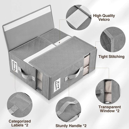 Homsorout Bed Sheet Organizers - Foldable Linen Storage with Window & Labels | XL Grey 6-Pack for Bedding