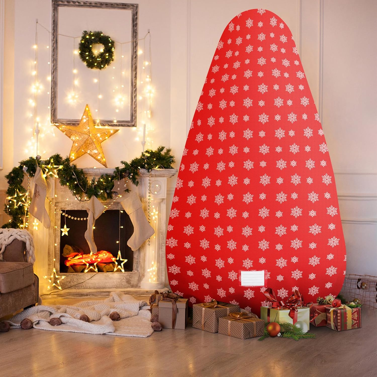 Skiennix Christmas Tree Cover - Durable Storage Bag with Zipper & Drawstring for Up to 6-Foot Tree | Dustproof Red with Snow Print