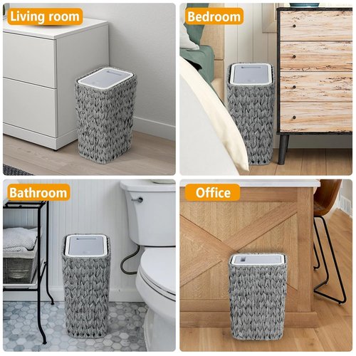 Trash Can with Lid, 2.6 Gallon Small Rattan Trash Can with Press Top Lid, Boho Slim Wicker Waste Basket and Hamper 2 in 1, Seagrass Woven Garbage Can Trash Basket for Living Room, Bedroom Gray