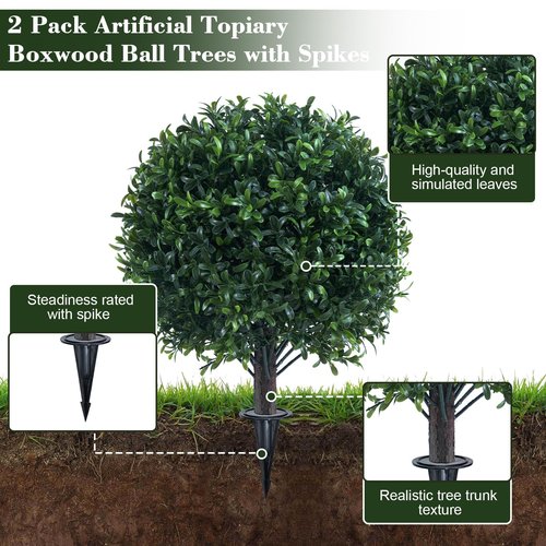 Chillchard Artificial Boxwood Topiary Ball Bush for Outdoor with Spike, UV Resistant Faux Boxwood Ball Tree with Stake for Outside Set of 2, Weatherproof Round Fake Shrubs for Entryway Front Porch