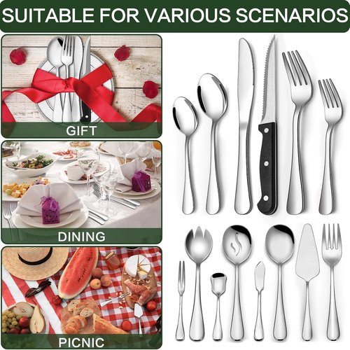 CEKEE Stainless Steel Silverware Set - 80 Pieces Flatware with Serving Utensils for 12 | Dishwasher Safe