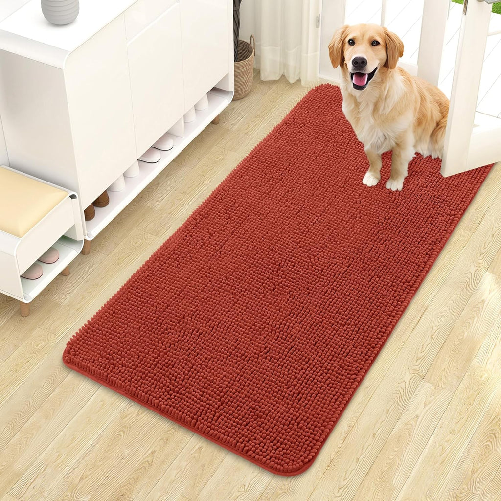 OLANLY Dog Door Mat - Absorbent Non-Slip Chenille Mat for Muddy Paws | 44x24, Quick Dry, Maple Red