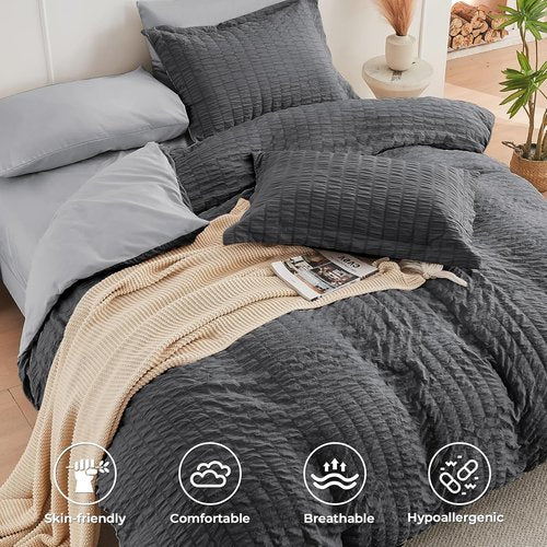 HYMOKEGE Queen Comforter Set - Luxury 7-Piece Bedding Set in Dark Grey/Light Grey | All-Season Comforter, Sheets & Pillowcases