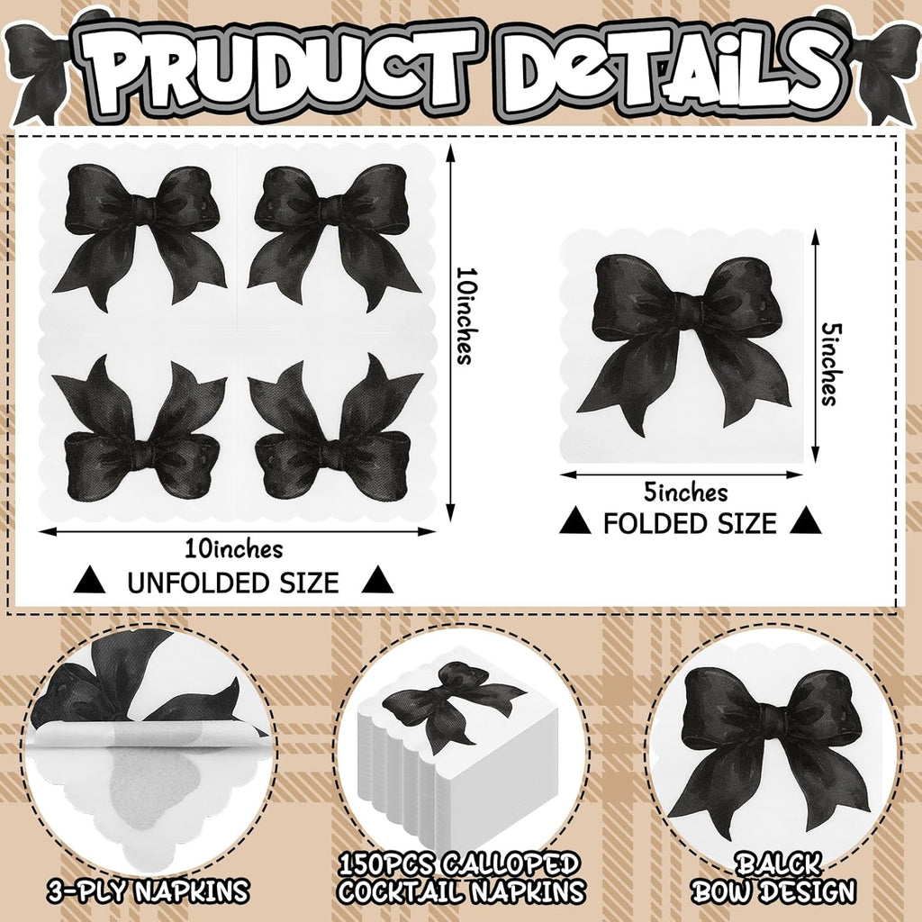 Skyygemm Black Bow Napkins - 150 Pcs Disposable Paper for Bachelorette & Bridal Showers | Coquette Theme Party Decor