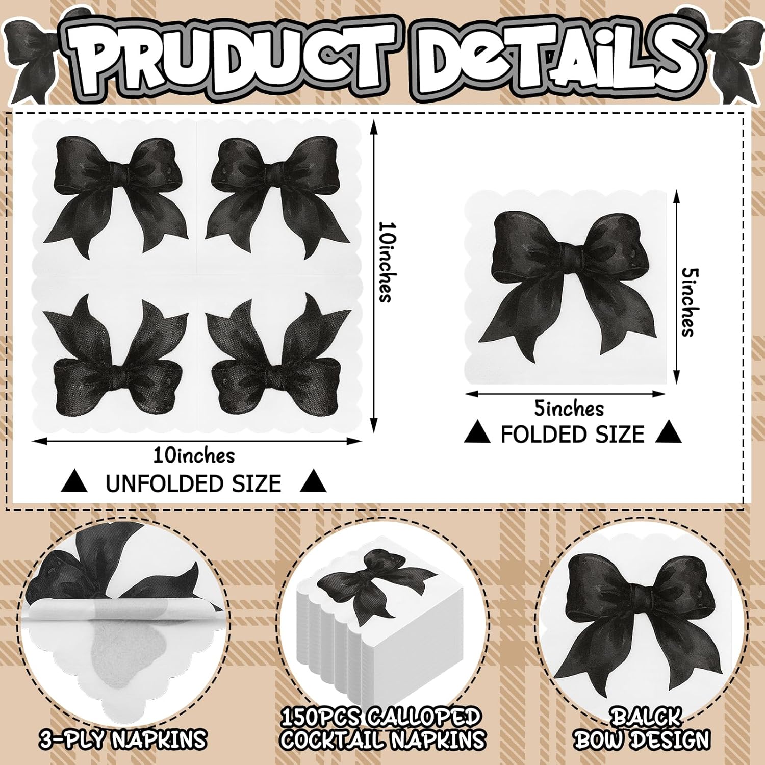 Skyygemm Black Bow Napkins - 150 Pcs Disposable Paper for Bachelorette & Bridal Showers | Coquette Theme Party Decor