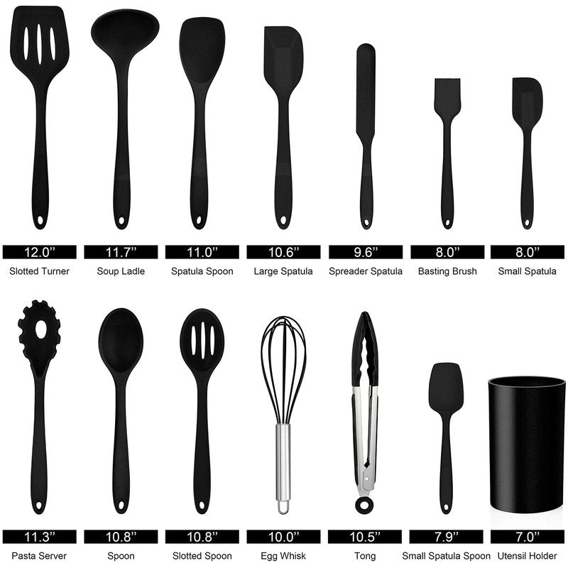 LIANYU 14 Pcs Silicone Kitchen Utensils Set with Holder, 446°F Heat Resistant Silicone Cooking Kitchen Utensils Spatula Set, Non-Stick & Dishwasher Safe Cooking Tools, Comfort Grip Handle, Black