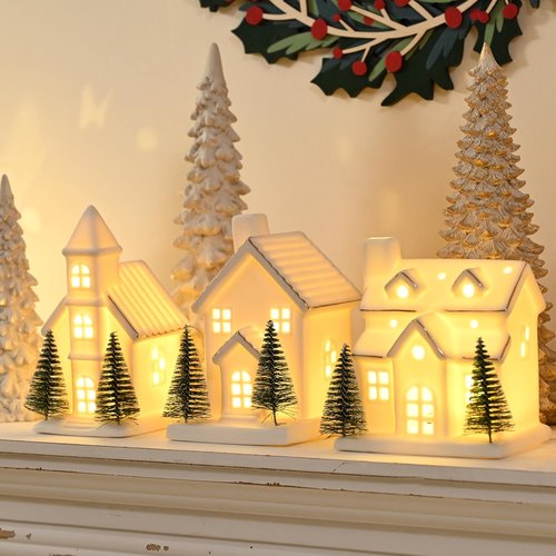 AOMOONOA Ceramic Christmas Village Houses - 3-Piece LED Lighted Porcelain Set with 6 Trees | Holiday Home Decor