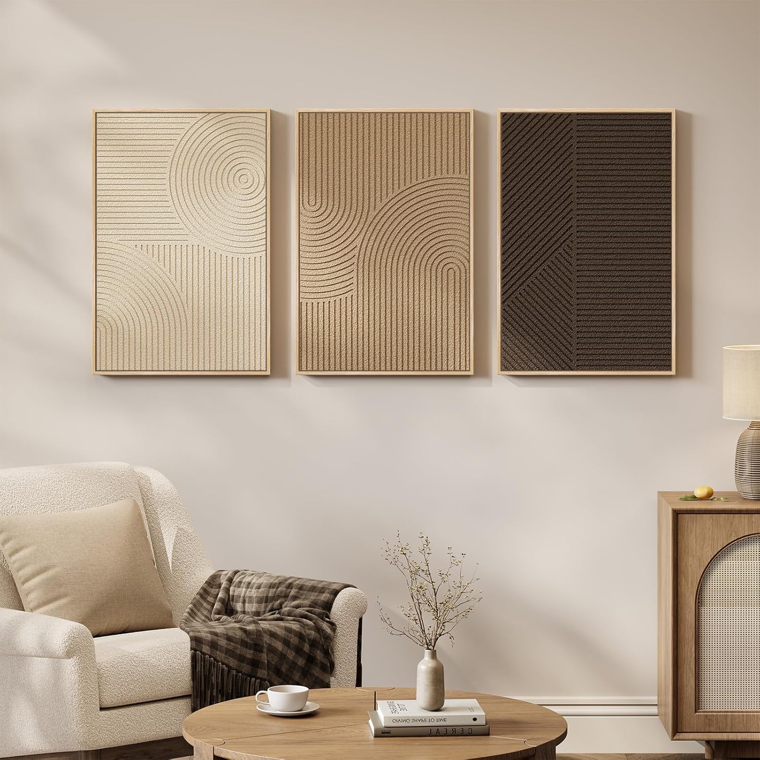 Skiennix 3D Textured Framed Boho Wall Art - Modern Minimalist Abstract Paintings | 16x24 In, Brown Beige Tan