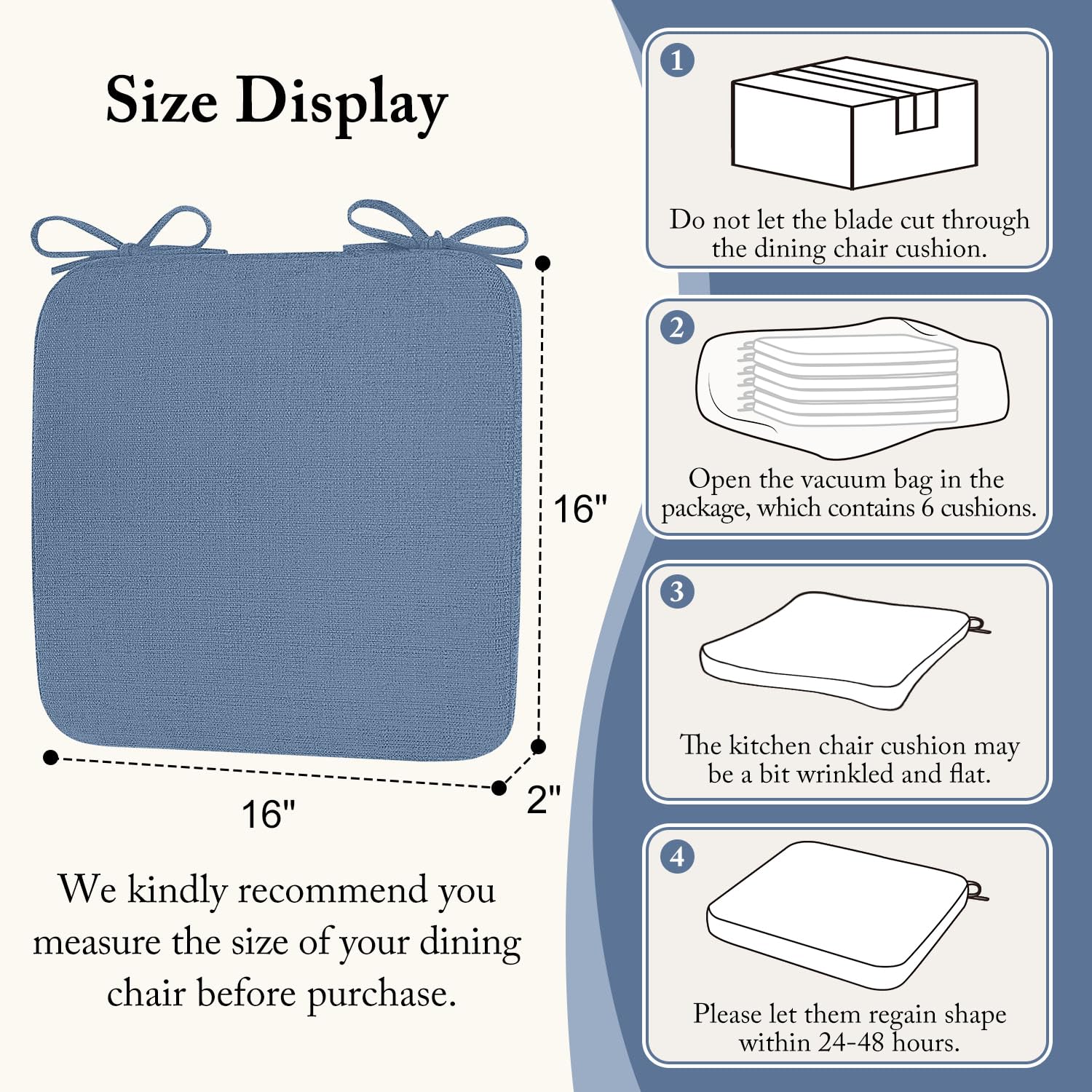 Cozyide Chair Cushions for Dining Chairs, Square Chair Pads with Ties and Non-Slip Bottom, Kitchen Chair Cushions 4 Pack, 16" x 16" x 2", Khaki