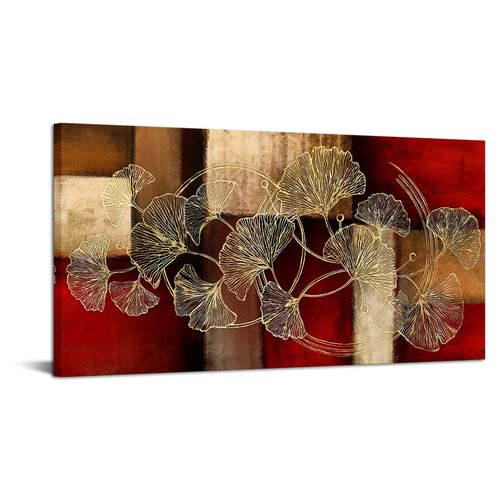 sechars Large Abstract Canvas Wall Art Golden Ginkgo Leaf Painting Artwork Modern Leaves Picture for Living Room Bedroom Decoration 24x48 Inch (Red)
